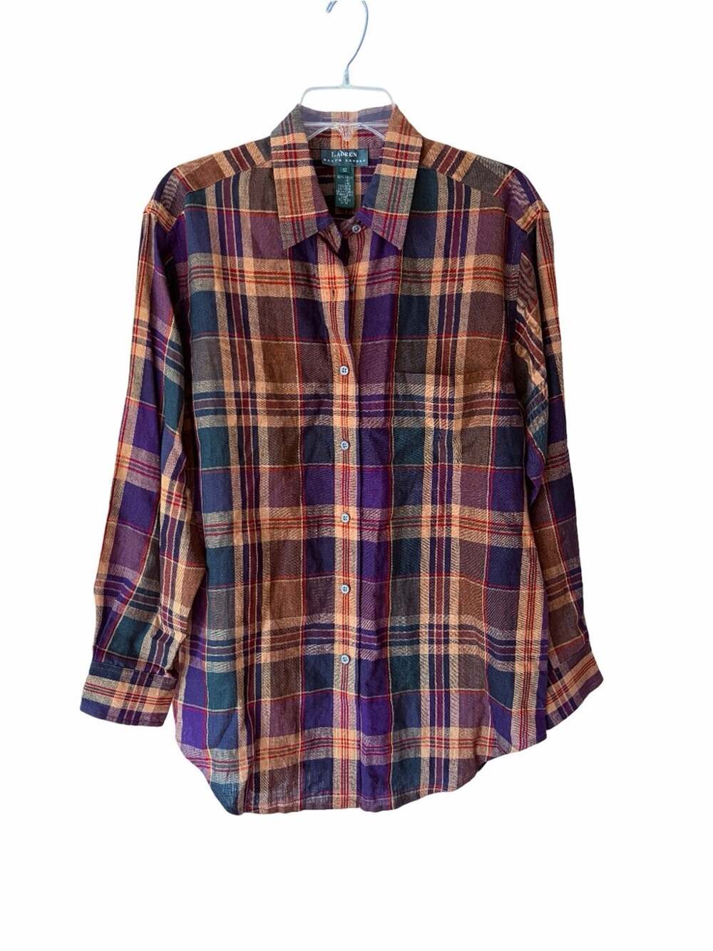 Lauren Ralph Lauren Linen Relaxed Fit Button Down Plaid Shirt Purple Tan size 12